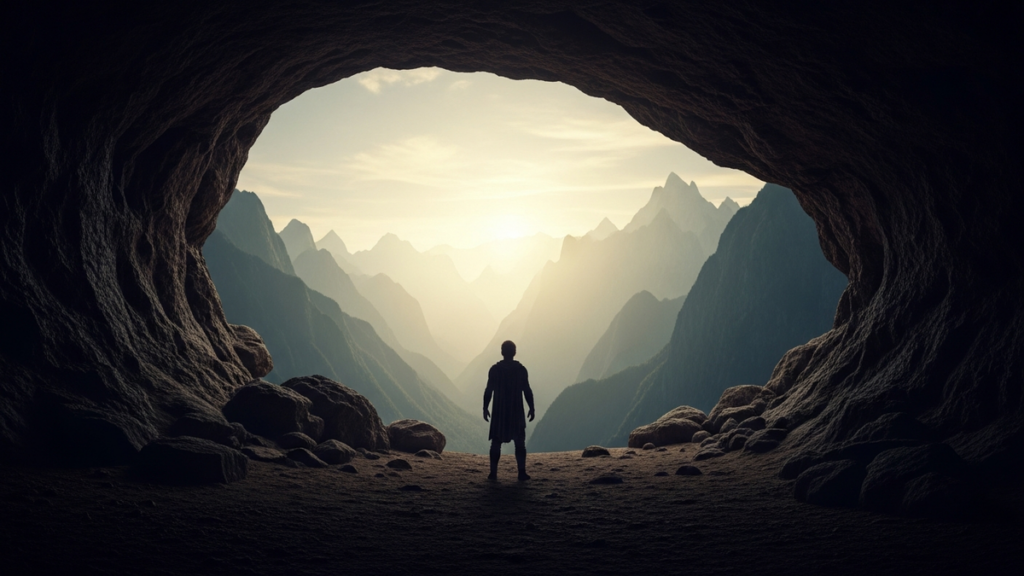 A lone hero silhouette at the mouth of a cave with a vast dawn-lit mountain landscape beyond
