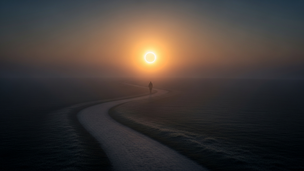 A solitary path through mist leading toward a glowing circular sunrise, a journey to wholeness