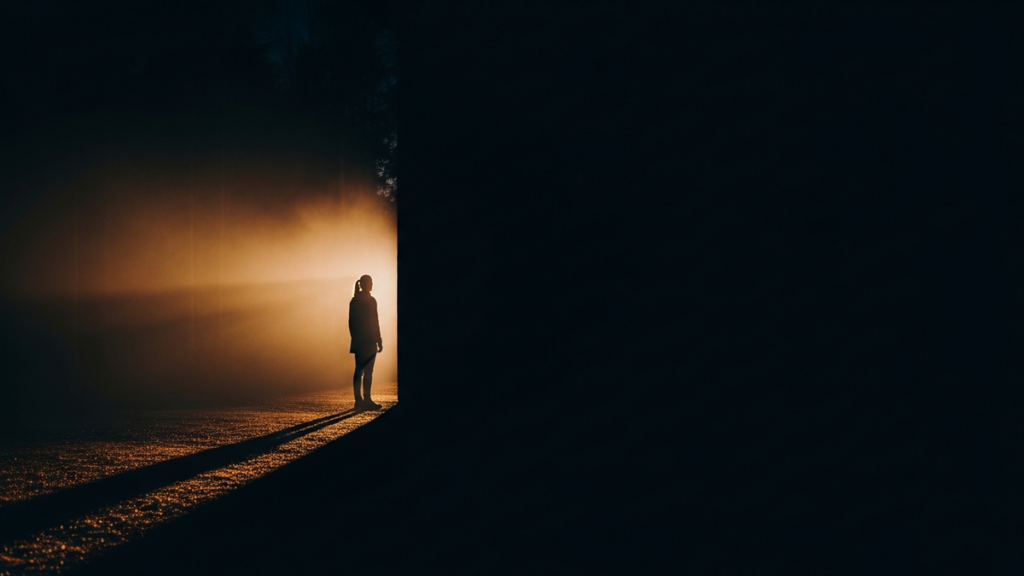 A lone human silhouette standing between warm light and deep shadow in dramatic chiaroscuro