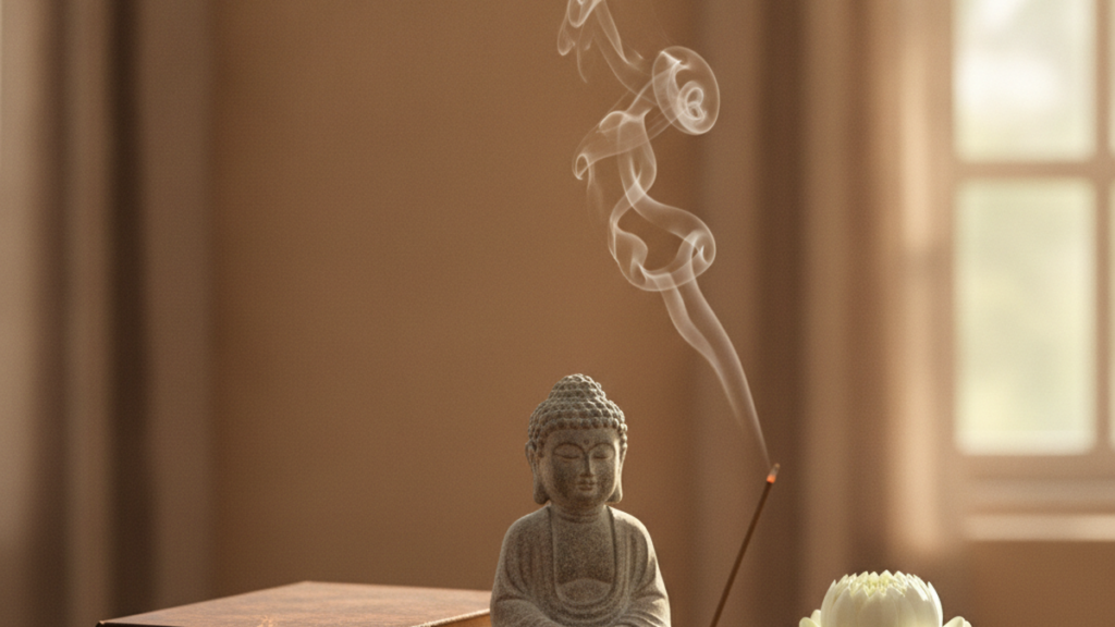 A stack of books beside a serene stone Buddha statue, a lotus flower and rising incense smoke