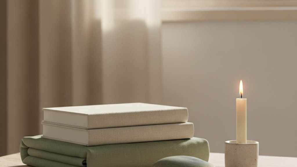 A stack of books on a folded meditation cushion beside a lit candle and a smooth stone