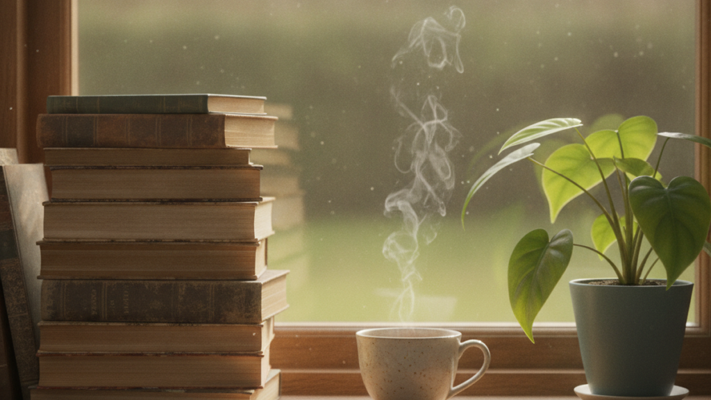 A stack of books beside a steaming cup of tea on a sunlit windowsill with a green plant