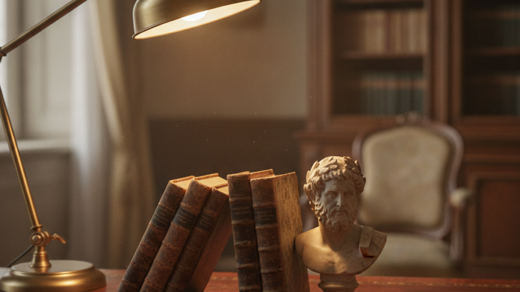A stack of antique leather books beside a marble bust — the best books on Stoicism