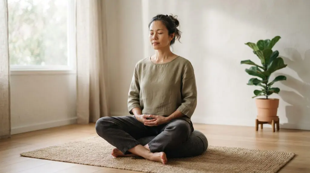 Woman meditating in a relaxed cross-legged posture on a round cushion and floor mat in a bright, simple room