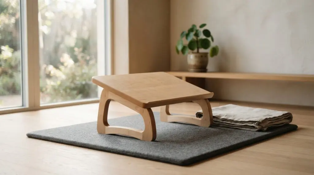 Wooden seiza meditation bench on a padded zabuton mat in a quiet sunlit room