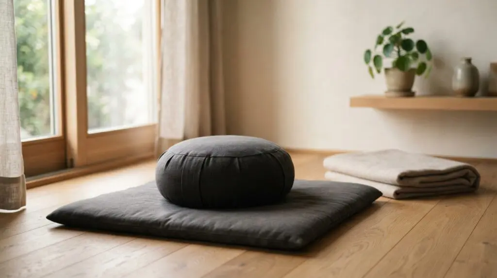 Round buckwheat meditation cushion (zafu) on a square zabuton mat in a quiet sunlit room